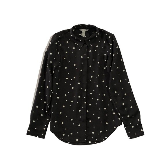 H&M Shirt Womens Size 2 Black & White Polka Dot Button Down Long Sleeve Blouse - Picture 1 of 5